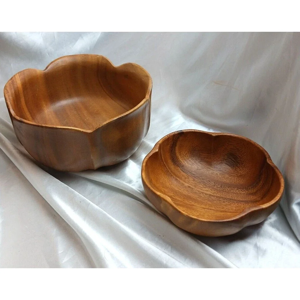 VINTAGE WOOD SALAD BOWL, DRESSING BOWL (LOT OF 2 - flower shaped 8'', 6'')